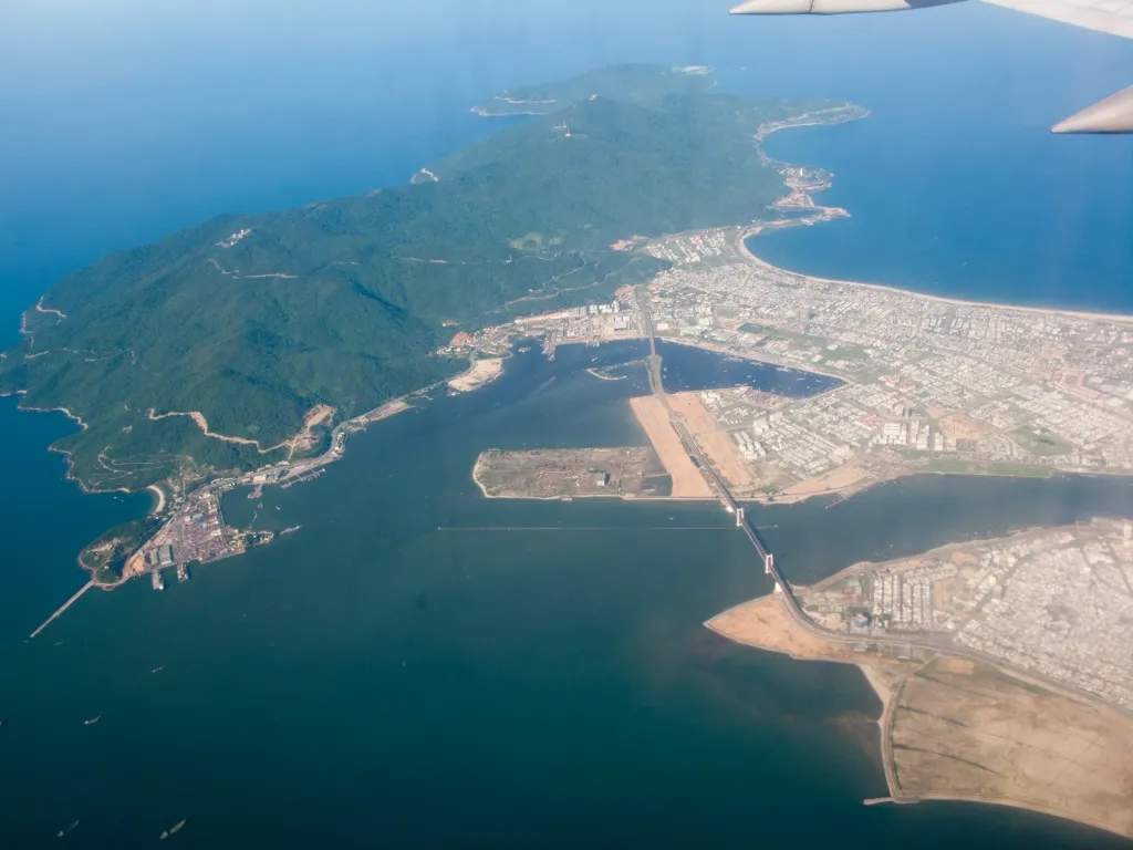 Son Tra Peninsular in Danang, Vietnam.The Tien Sa Terminal of Danang Port.Thuan Phuoc Bridge.