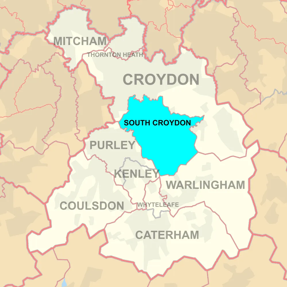 Labelled map of South Croydon postal district within the London Borough of Croydon