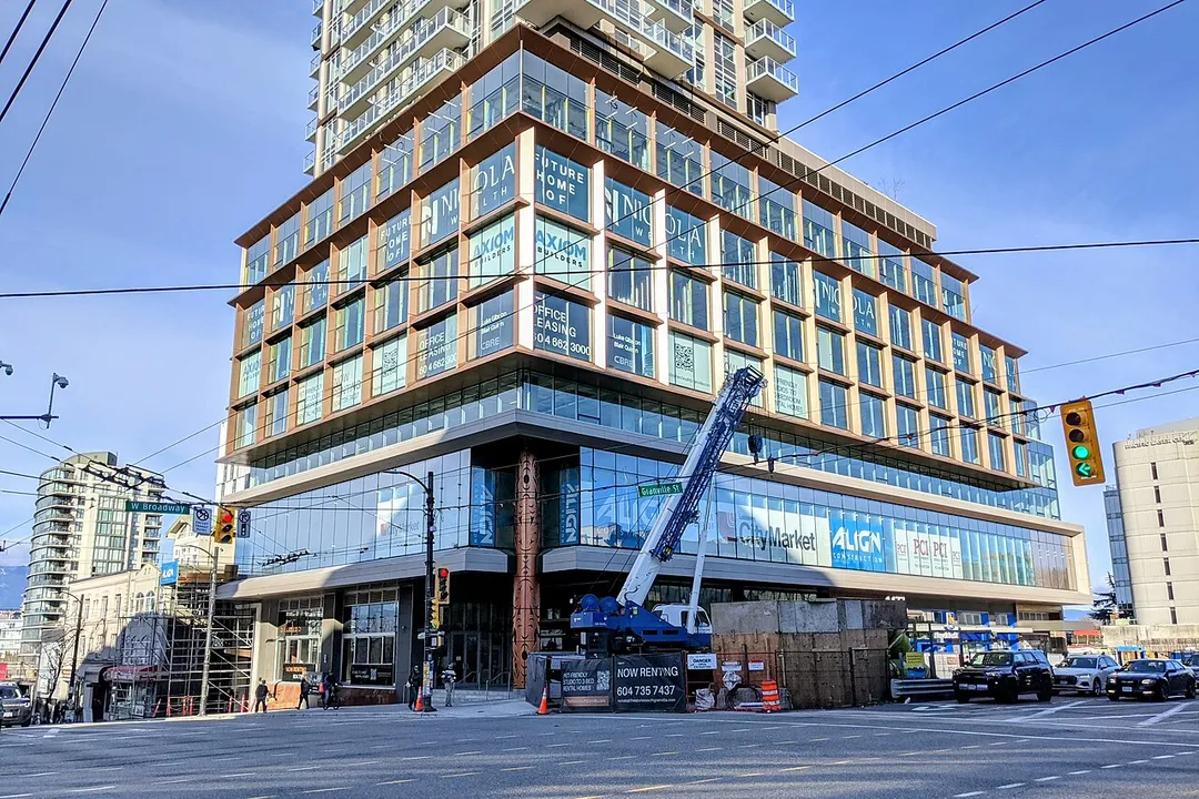 1477 West Broadway, which will house the entrance of South Granville station of the Broadway Subway Project in Vancouver, British Columbia, Canada. Photo taken in February 2026.