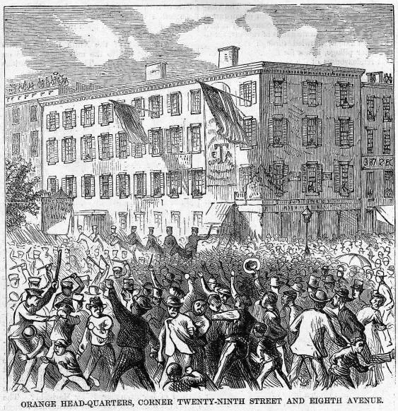 A contemporary drawing depicting Lamartine Hall, the headquarters of the Orangemen, during the Orange riot of July 12, 1871