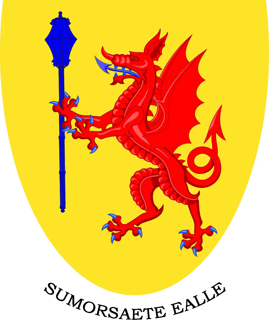 Shield:Or, a dragon rampant gules holding a mace erect azure
Motto: SUMORSAETE EALLE (All the people of Somerset)