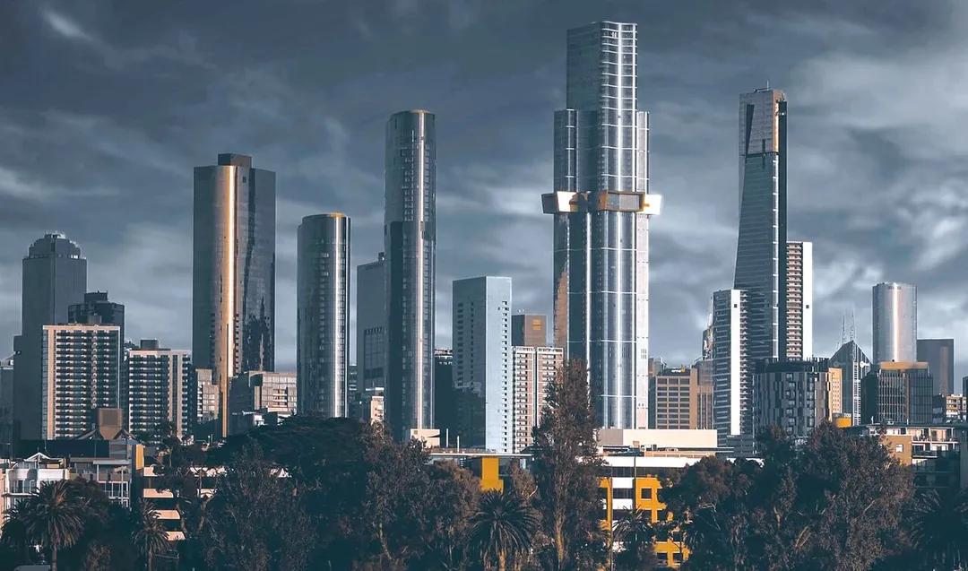 The Southbank-Melbourne CBD in January 2021, with recently completed skyscrapers Melbourne Square Towers and Australia 108 (centre). Image has been cropped and colour edited from original.