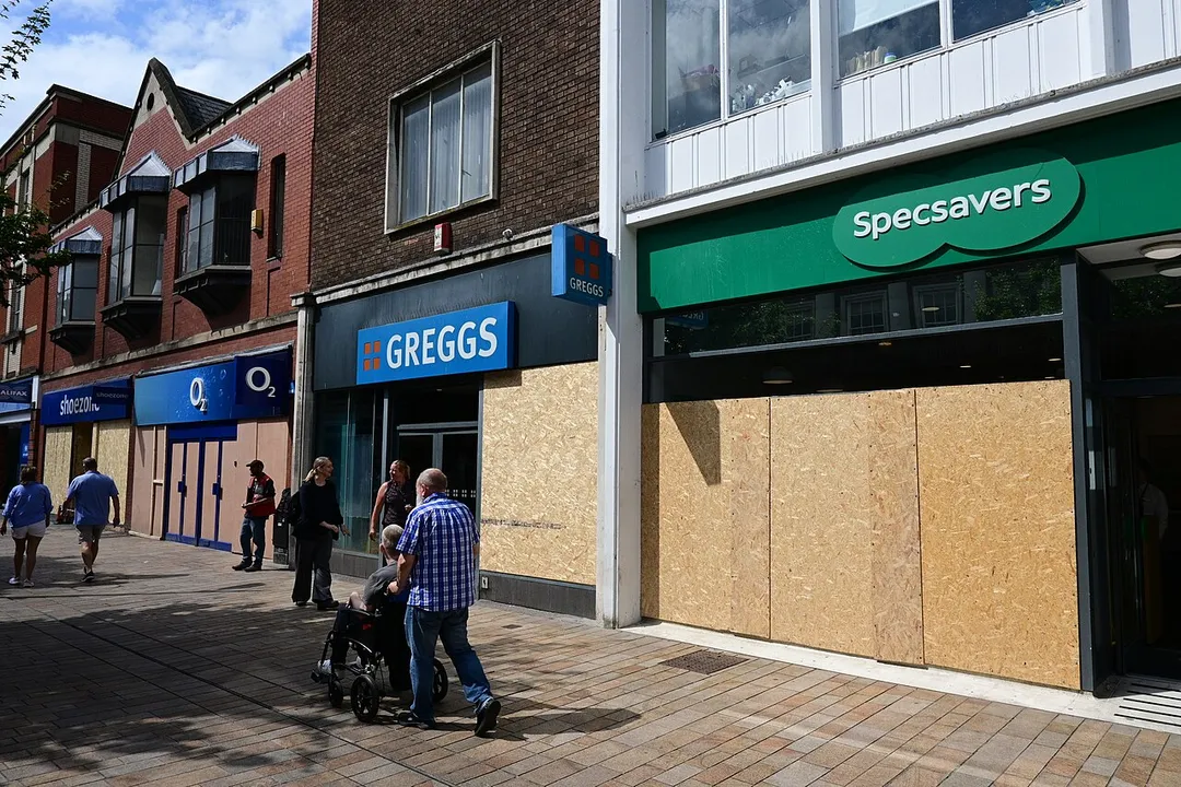 A line of boarded-up businesses on Jameson Street three days after rioting in Hull City Centre on 3 August 2024.