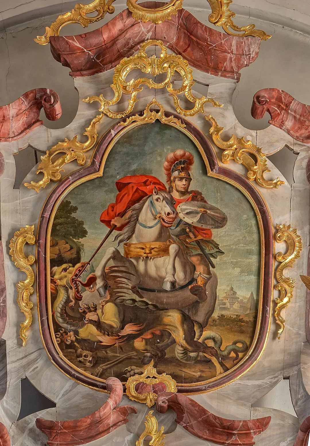 Saint George, upper altarpiece of the main altar of the parish church St. Georg, built in 1750 - 1751 by Peter Thumb (1681–1767), Hüfingen-Mundelfingen, Baden-Württemberg, Germany.