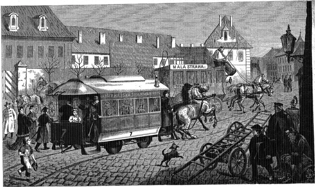 Horsecar (horse-drawn streetcar) in Prague in 1876, operated by Pražská tramway corporation.