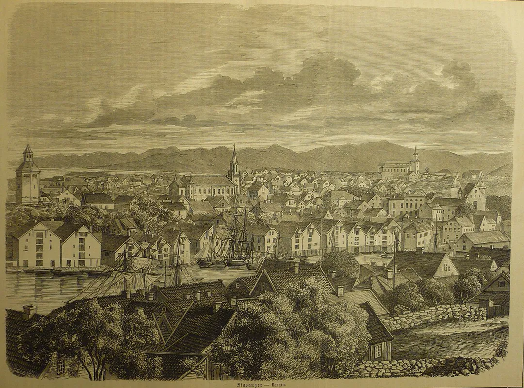 Drawing of Skagen in Stavanger in 1867. From Norsk Folkeblad, 1867.