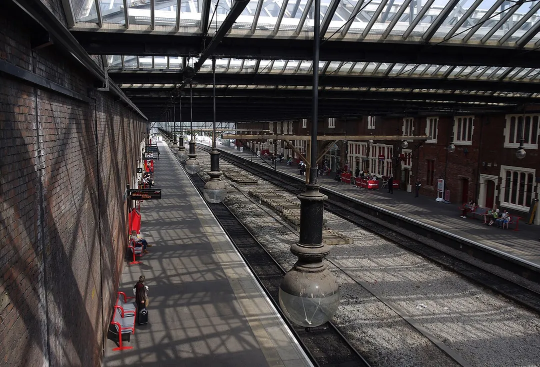 Under the roof of Stoke-on-Trent railway station.