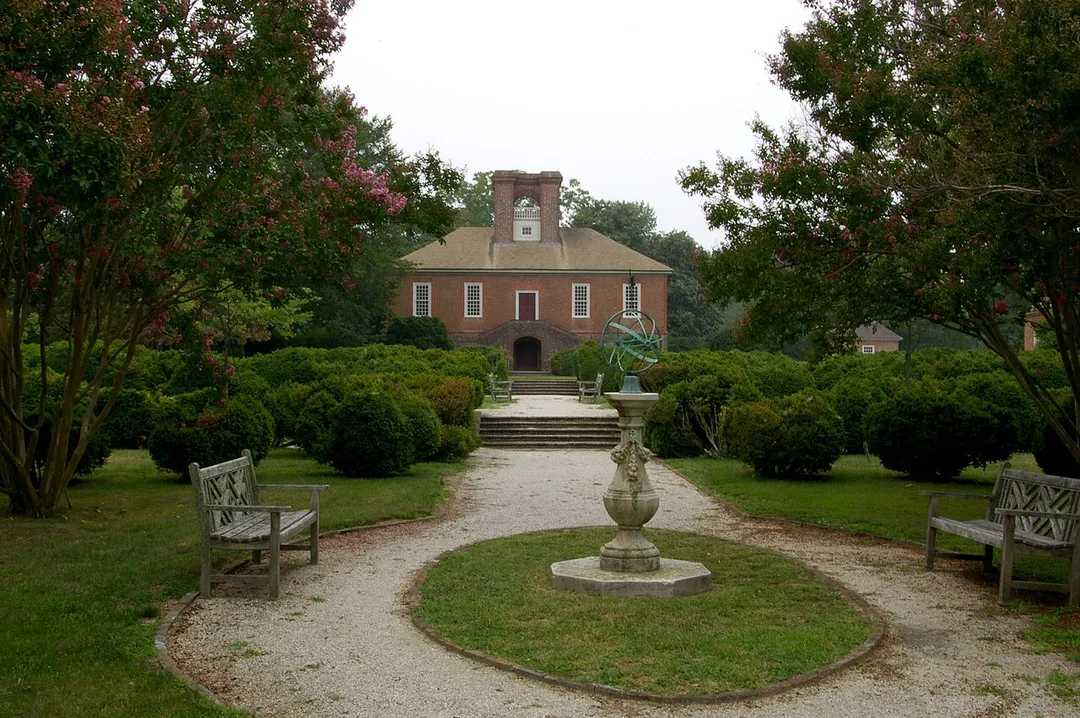 View of Stratford Hall Plantation main house from the East Garden (formal boxwood garden).