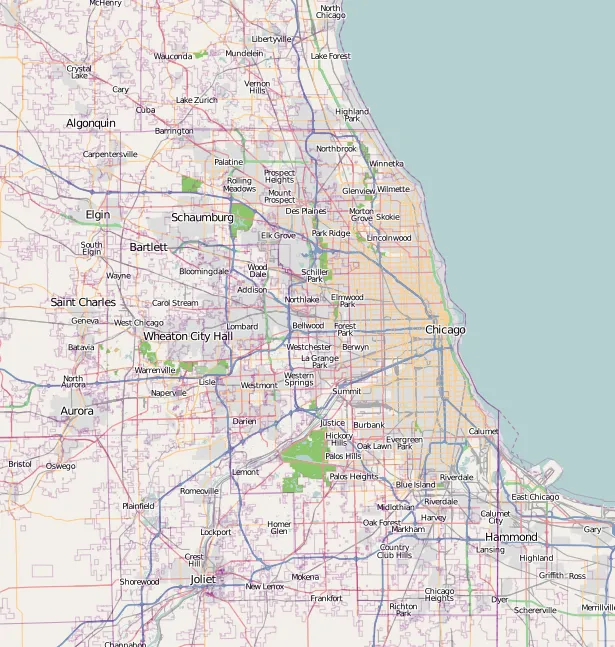 A map of Chicago, IL, and the surrounding area