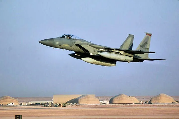 An F-15 Eagle takes off at Prince Sultan Air Base, Saudi Arabia, during Operation SOUTHERN WATCH. These Aircraft are a part of the coalition forces of the 363d Air Expeditionary Wing, Prince Sultan Air Base, Saudi Arabia that enforces the no-fly and no-drive zone in Southern Iraq to protect and defend against Iraqi aggression. (U.S. Air Force photo by Staff Sergeant Sean M. Worrell) (RELEASED)