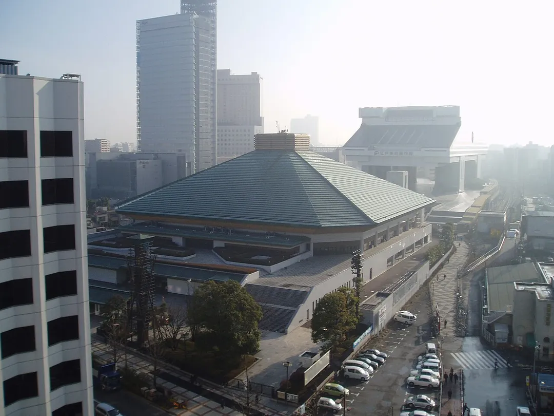 The Kokugikan (sumo hall) at Ryogoku, Tokyo. Edo-Museum in the Background. (Western view, coordinates 35°41'49"N, 139°47'36"E)