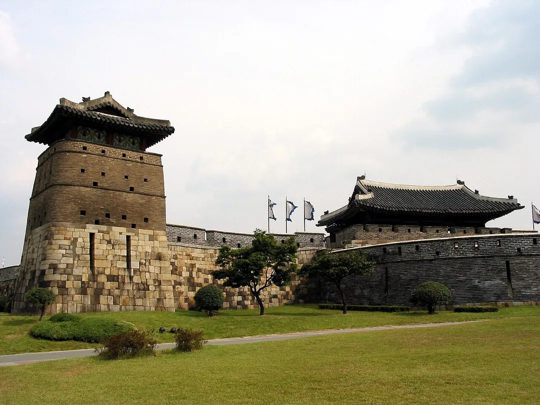 A view of the west gate of Hwaseong Fortress and its accompanying watch tower.