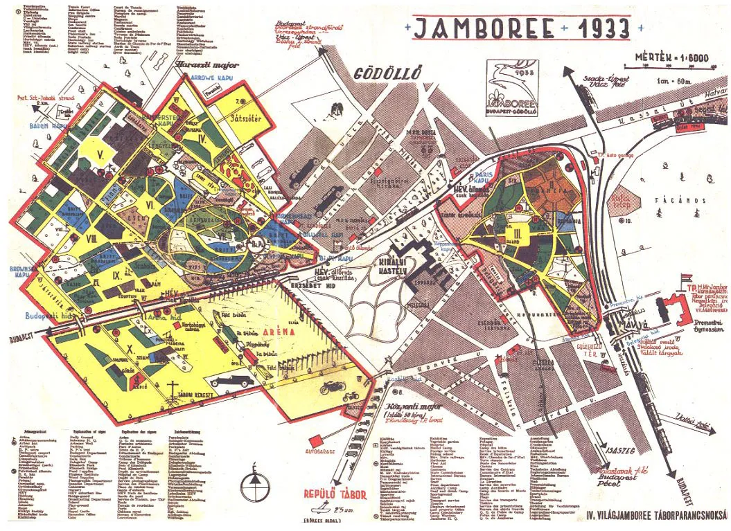 Location map and guide to the 4th World Jamboree held in Gödöllő, Hungary from August 2 to August 13, 1933.