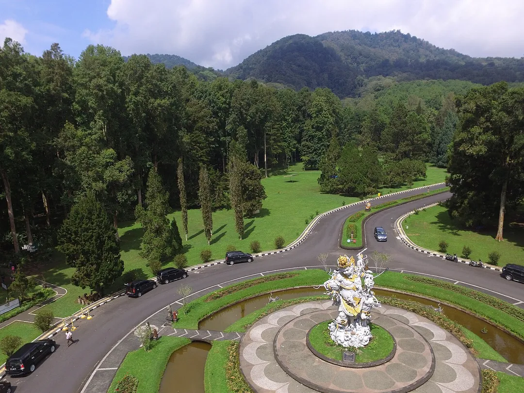 Bali Botanic Garden aerial view, nestled in the cool, mountainous region of Bedugul, central Bali. Indonesia's largest botanic garden.