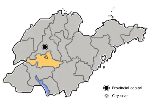 The prefecture-level city of Tai'an is highlighted on this map of Shandong province, People's Republic of China.