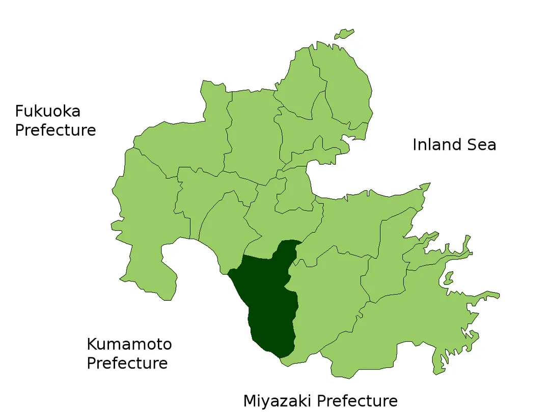 Map of Oita Prefecture highlighting Taketa city. Borders of map as of July, 2006. (blank map used from [1])

See also Image:OitaMapCurrent.png.