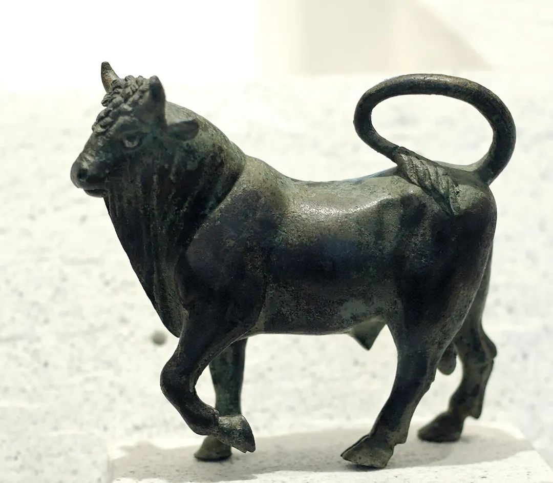 Bronze bull, probably a representation of Egyptian god Apis. Bronze, 1st-2nd century CE, found in Tartous (ancient city of Antarados), Syria.