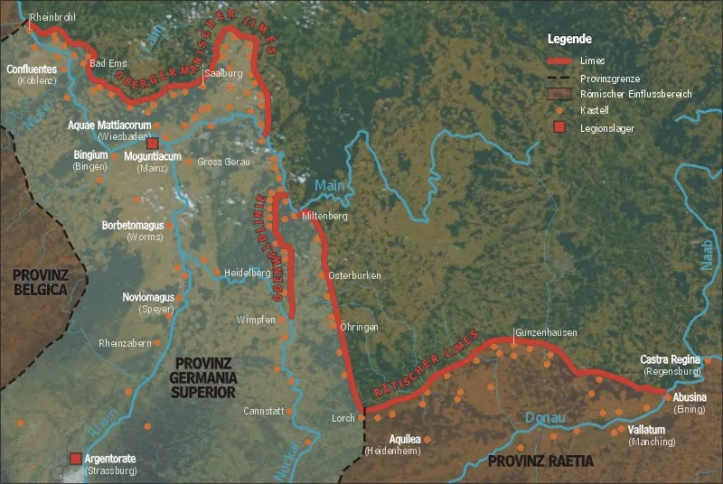 Map shows location of the Rhaetian and Upper Germanic Limes