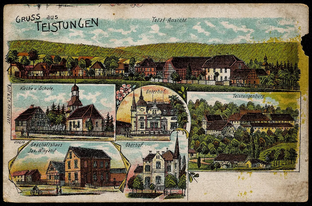 Bildseite der Mehrbild-Grusskarte mit der Nummer 071614 mit Ansichten von Teistungen als Vielfarb-Lithografie aus dem Ansichtskarten-Verlag Rolf &amp; Co. ...
