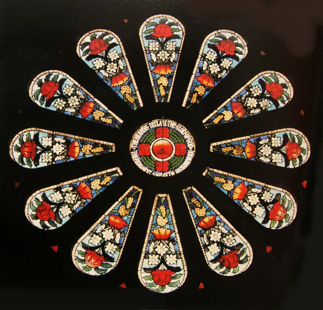 Sydney, St Bede's Church, Drummoyne. The Waratah window by Alfred Handel. depicts Australian native flowers, the red Waratah, emblem of the state of New South Wales; Flannel Flowers, Christmas Bells and Wattle (Acacia). The inscription reads "The heavens declare the glory of God. The firmament showeth his handiwork." The window was designed in 1932.[1]