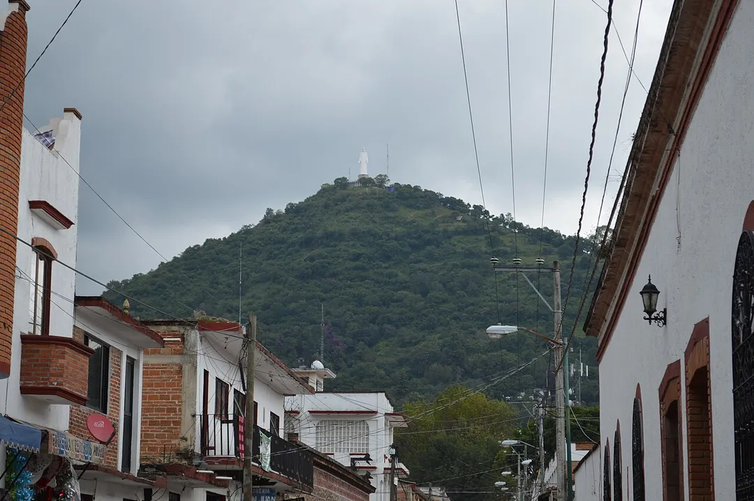 View of the Cristo Rey statue from Casanova street in Tenancingo, Mexico State, Mexico