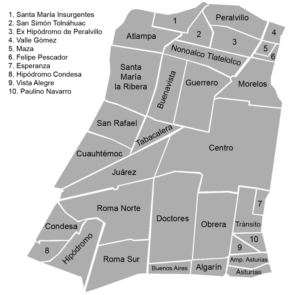 Neighborhood map of Delegación Cuauhtémoc, Mexico City