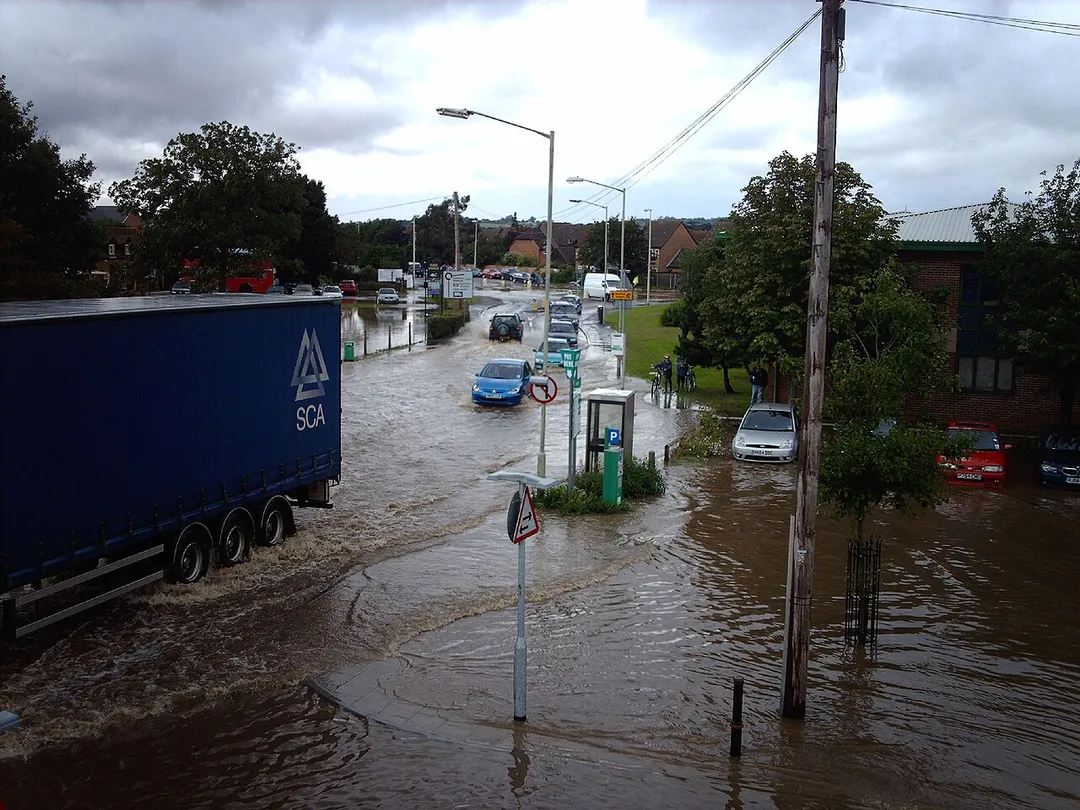 A photograph shot looking away from Thatcham railway station showing some of the flooding in Thatcham.