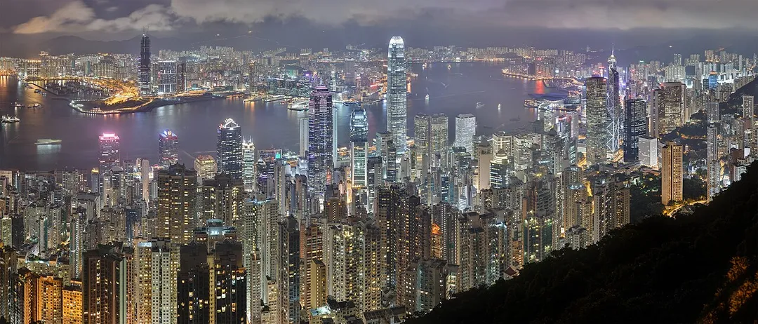 A 46 segment × 3 exposure HDR panorama of the Hong Kong night skyline. Taken from Lugard Road at Victoria Peak.