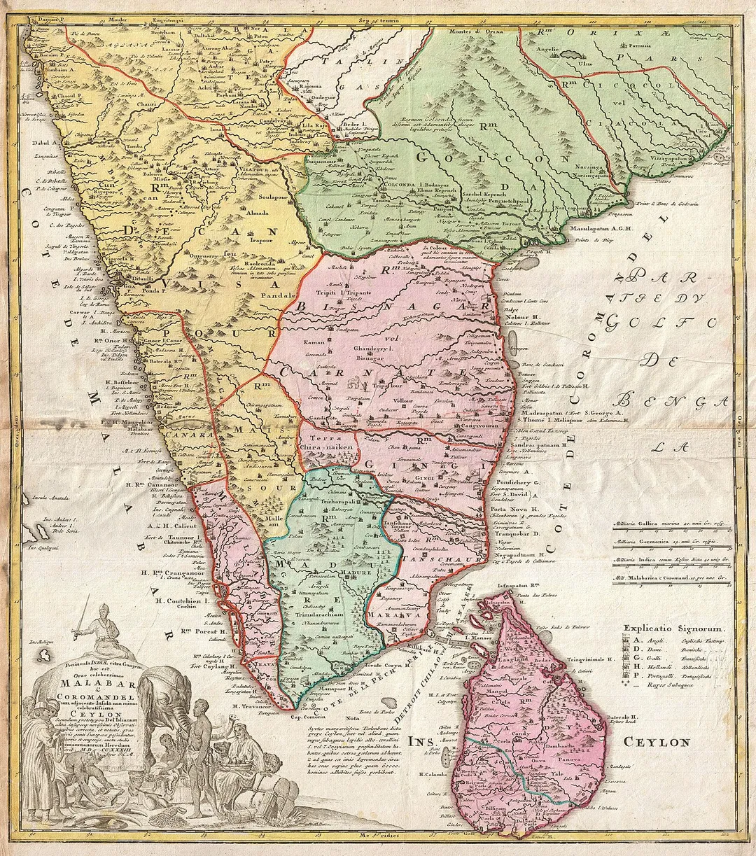 A rare map of India and Ceylon issued in 1733 by the Homann Heirs.  Covers the subcontinent roughly from Bombay south to Cape Comorin and includes all of Ceylon (Sri Lanka).   Homan offers good detail along the coast naming numerous ports and, where appropriate,  appending either an English, French, Danish, Dutch or Portuguese flag to indicate the European power laying claim to that port. The interior is more  vague, though many of the major caravan routes are noted, if only speculatively.  There are numerous annotations in Latin throughout.  Homann also identifies various battle sites associated with the southward progress of the Mughal Empire in 1707.  When Homann drew this map, only Madras, Malabar, Ceylon, and the European ports remained independent of Mughal control.   A large title cartouche depicting Indian traders and an elephant appears in the lower left quadrant.