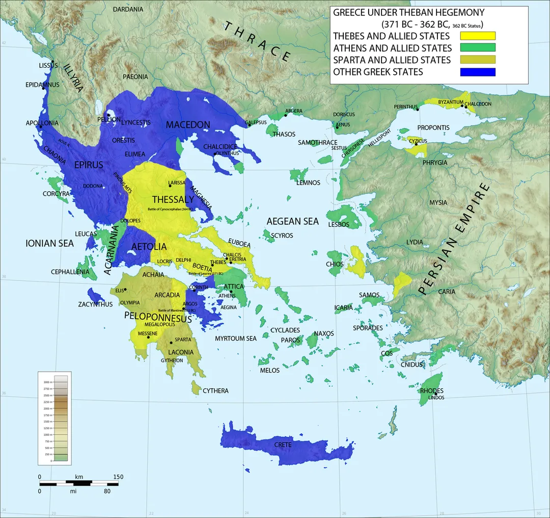 The Theban Hegemony, 371 BC - 362 BC,
Own work,data from 

The Theban hegemony, 371-362 BC by John Buckler,1980,ISBN -0674876458
"Historical Atlas" by William R. Shepherd, New York, Henry Holt and Company,
Blank map Blank map from Image: http://commons.wikimedia.org/wiki/File:Greece_large_topographic_basemap.svg