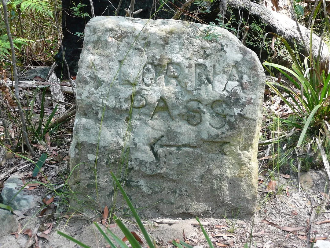 Rock inscription for walking track called Lorna Pass, Lane Cove River area, Thornleigh, Sydney. The track was named after Lorna Brand, who raised money to provide relief work during the Depression of the 1930s.