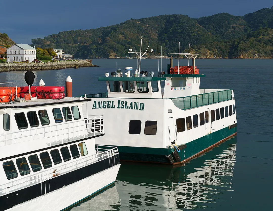 Angel Island Ferry as seen from Tiburon. In the background, Racoon Strait and the island.