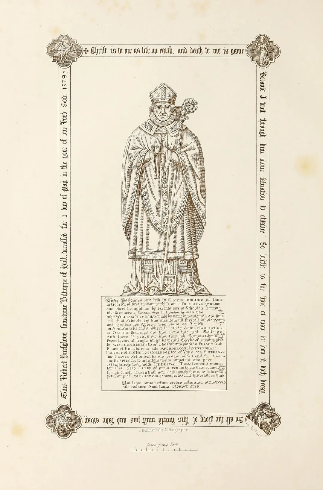 Brass monument to Bishop Robert Pursglove, St. John Tideswell, Derbyshire (1579). From: Cambridge Camden Society (1846)       Illustrations of monumental brasses, Cambridge:  J.T. Walters