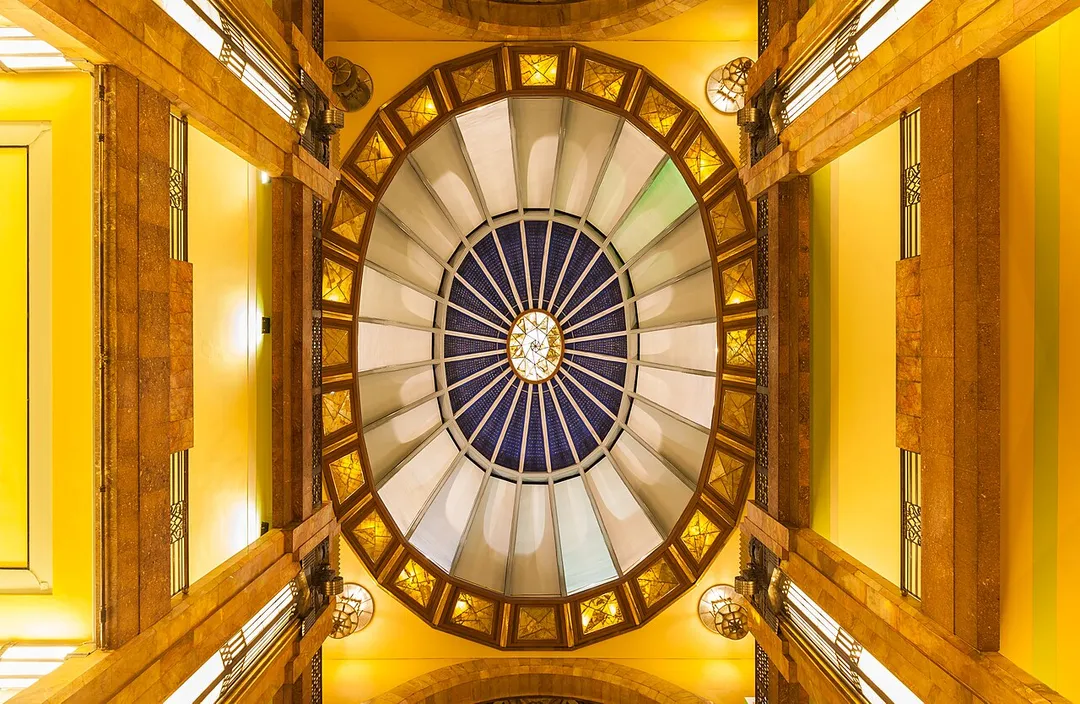 Interior view of the dome of the Palacio de Bellas Artes (Palace of Fine Arts) of Mexico City. The building, located in the historic center of the mexican capital, required 30 years (1904-1934) to be constructed and is the most important cultural center in the country of Mexico.