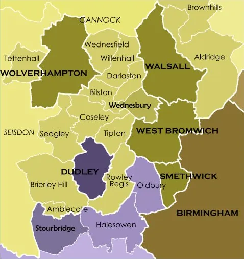 The local government structure within the Black Country prior to the West Midlands Order 1965 reorganisation.