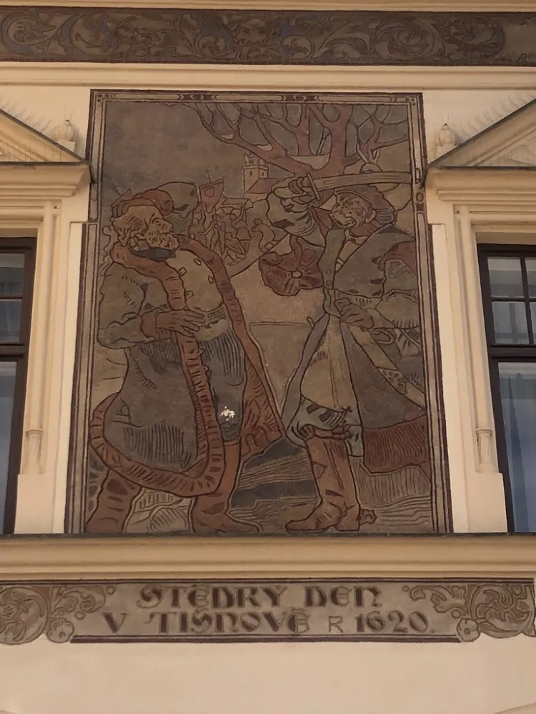 Christmas Eve in Tišnov: murder of reeve (mayor) Jiřík Mydlář by the Imperial troops coming back from the battle of White Mountain, 24 December 1620 - sgraffito at the Tišnov town hall by Jano Köhler (2026)