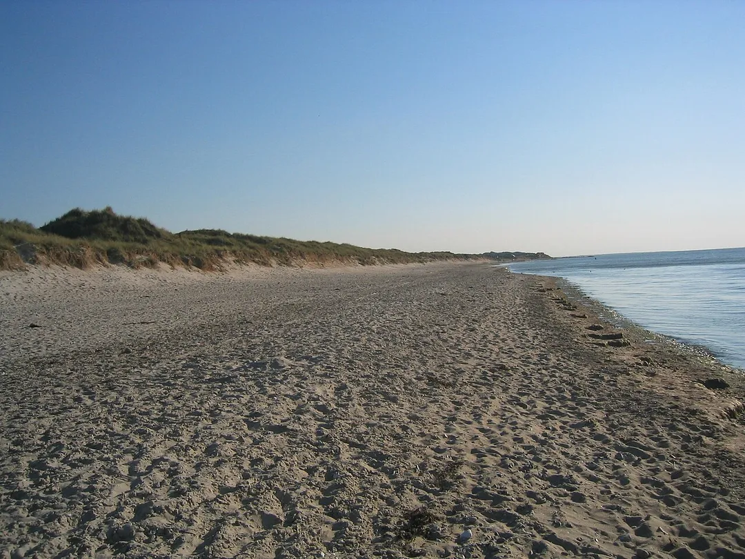 The beach at the end of Tangvej, Melbylejren, Asserbo, Denmark. The picture was taken in direction ESE of Liseleje (Note: Picture has Geotag information stored in EXIF.)