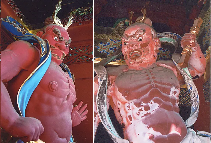 Composite of two photos. A-Un statues at Tōshō-gū and/or Taiyū-in in Nikkō, Tochigi Prefecture, Japan. One or both statues reversed left-to-right.