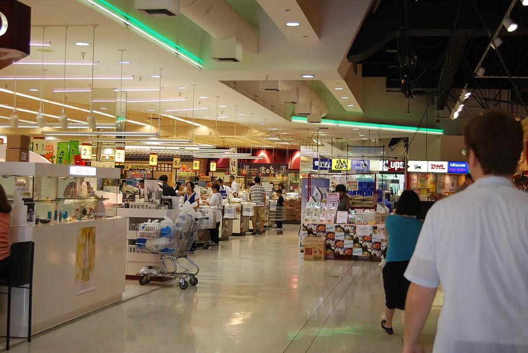 Interior of Mitsuwa Marketplace in Torrance, California. (original description: seems so much bigger and more modern than the ones in L.A.   I wanted to take soooo many pictures in the food court, but sometimes I worry that people will think that I think this is some sort of exhibit or oddity, rather than just a freakin' cool grocery store with awesome product designs.)
