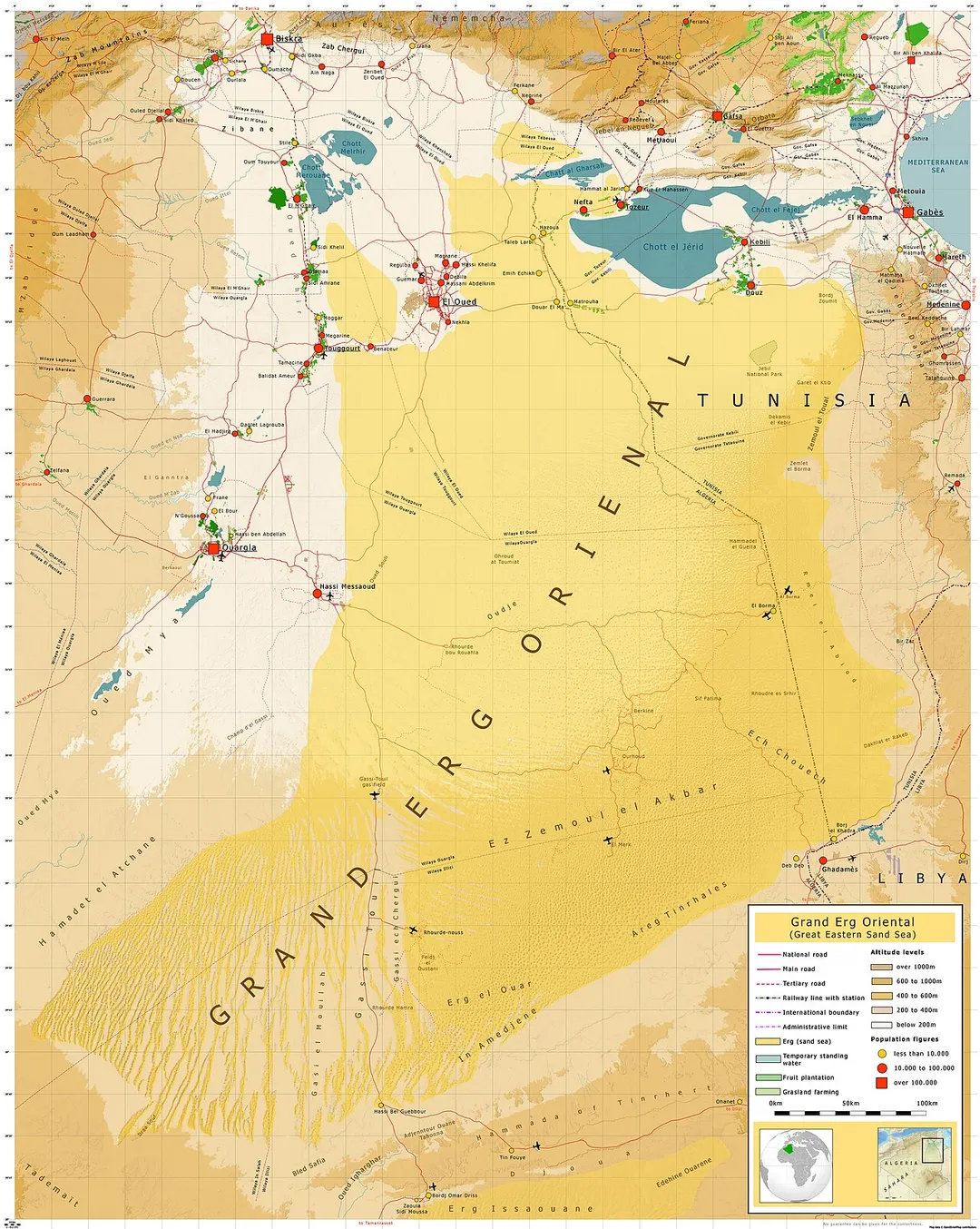 Topographic map of the Grand Erg Oriental (Great Eastern Sand Sea) in eastern Algeria and Tunisia, in the Sahara