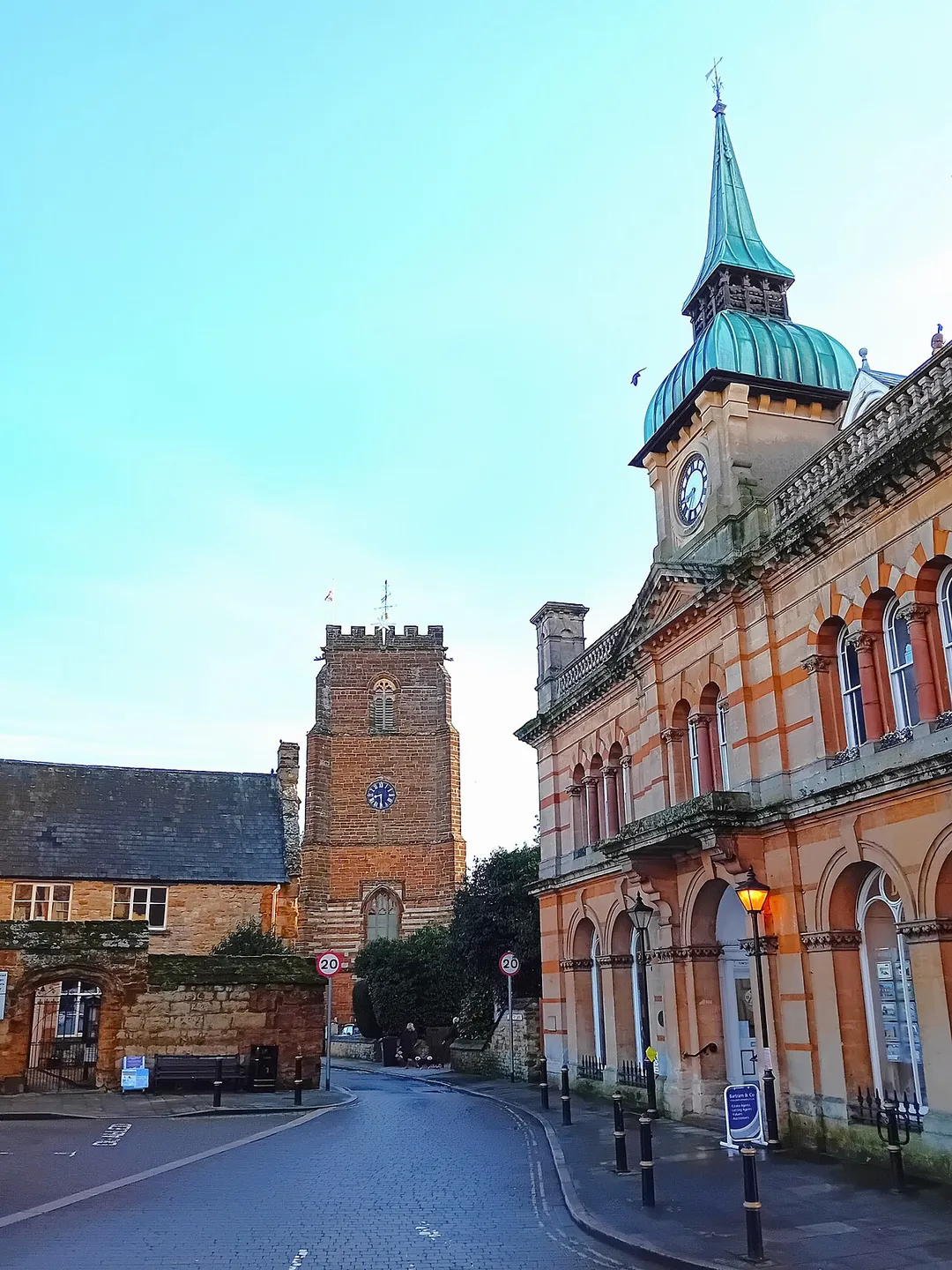 Looking along Chantry Lane from Watling Street (market place) towards St Lawrence's Church, with Town Hall on right