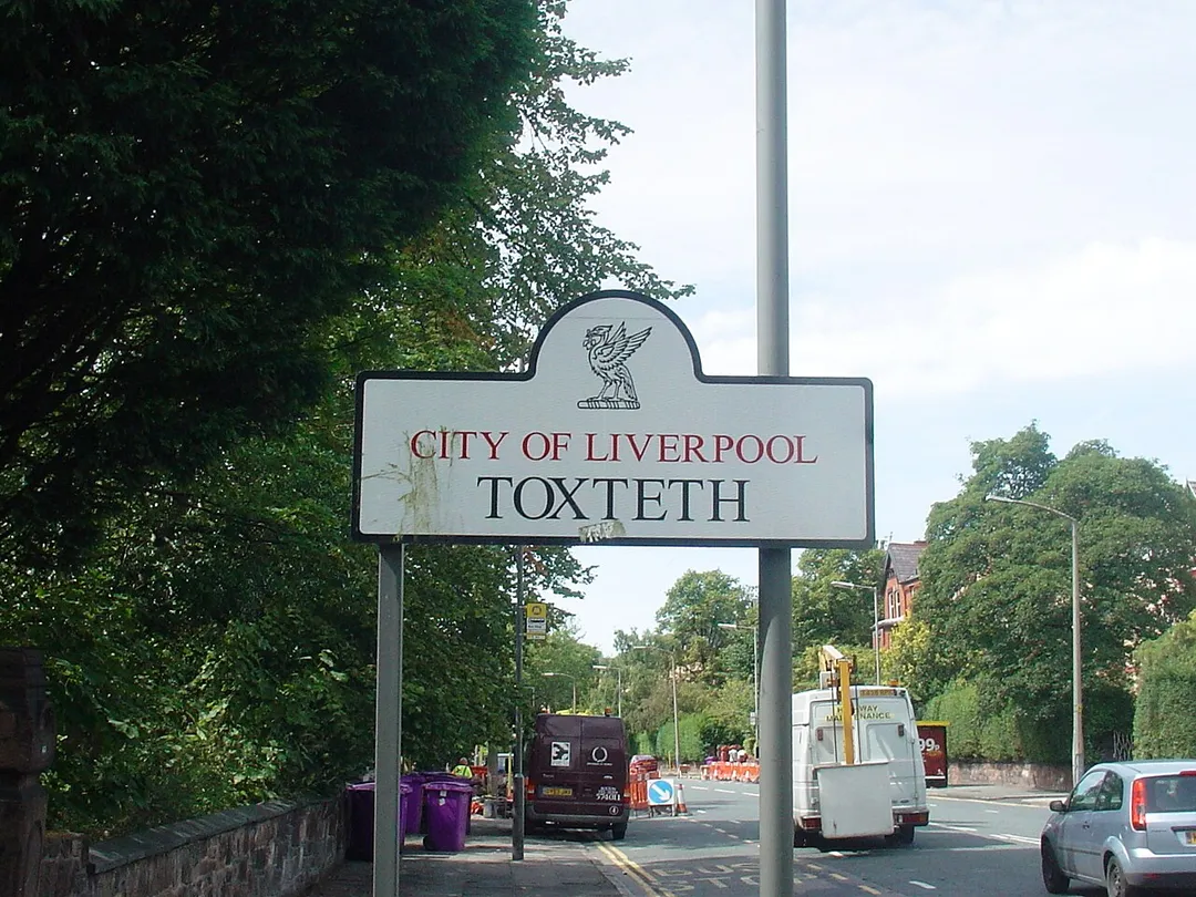 Toxteth sign on Croxteth Road near Sefton Park, Liverpool, England.