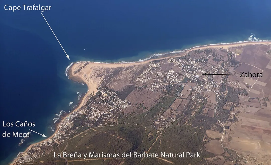 An aerial view of Cape Trafalgar in Andalusia, Spain. It includes the towns of Los Caños de Meca and Zahora, and part of La Breña y Marismas del Barbate Natural Park.