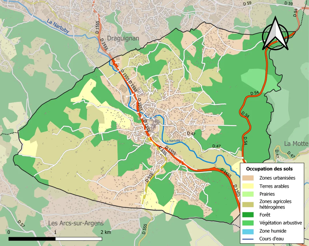 Carte des infrastructures et de l’occupation des sols en 2018 de la commune de fr:Trans-en-Provence (France).