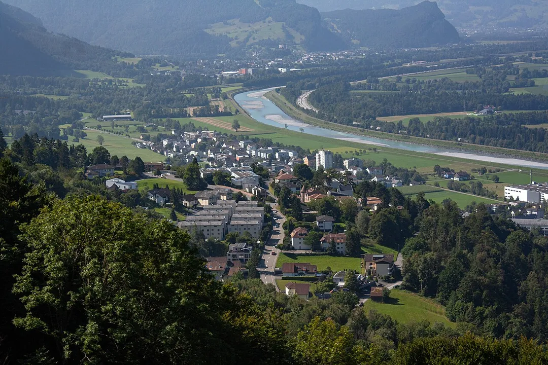An unobstructed view of the main section of Triesen, Liechtenstein.