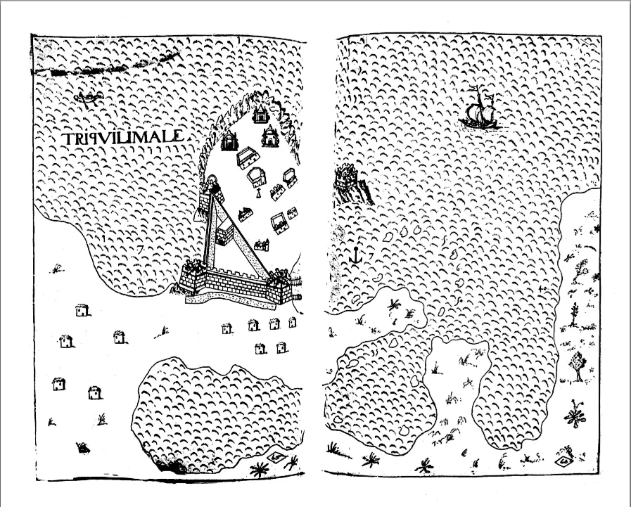 Map older than 200 years old of Konesar Malai, (Swami Rock) - Trincomalee - with three temples
Copyright expired. This image is in the public domain due to its age
1594 - 1642 map by Antonio Bocarro, published in 

Livro das Plantas de todas as fortalezas, cidades e povoaçoens do Estado da Índia Oriental (1635)