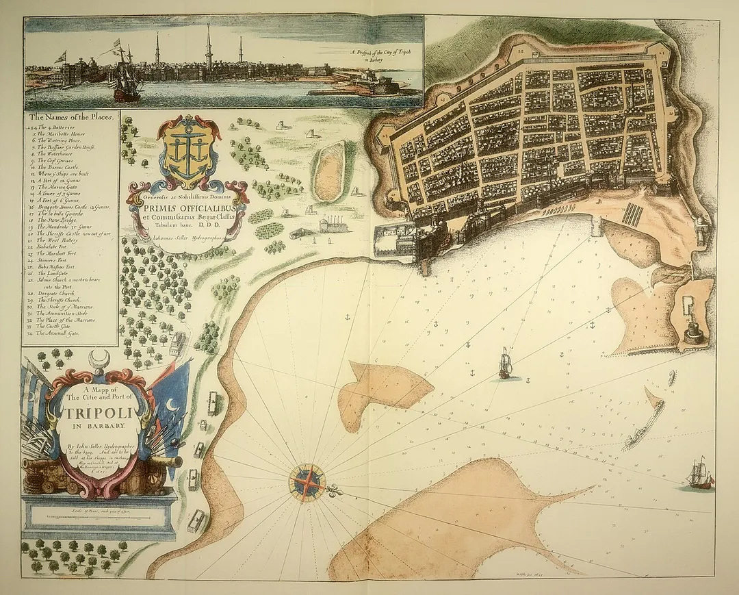 An engraving of Tripoli, Libya when it was part of the Ottoman Empire in 1675. Engraving by John Seller.