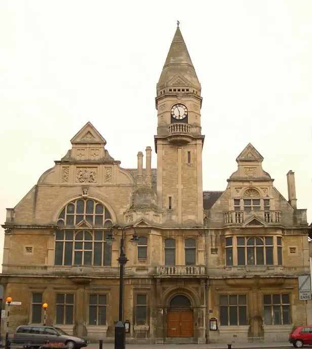 Trowbridge Town Hall, as seen from Fore Street.  Market Street runs along the bottom of the picture.