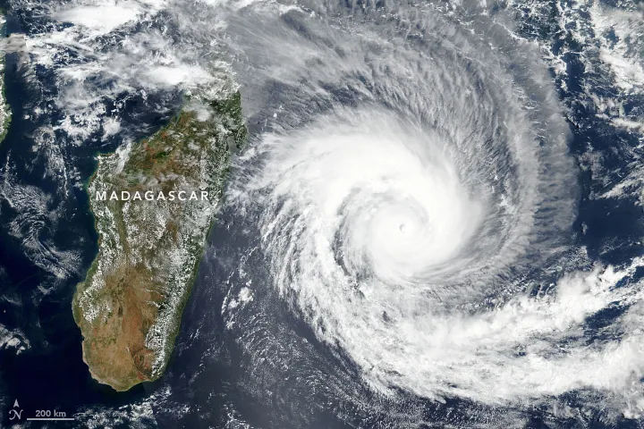 Cyclone Batsirai near Madagascar on February 2, 2022. Natural-color image acquired by the Visible Infrared Imaging Radiometer Suite (VIIRS) on the NOAA-NASA Suomi NPP satellite.
