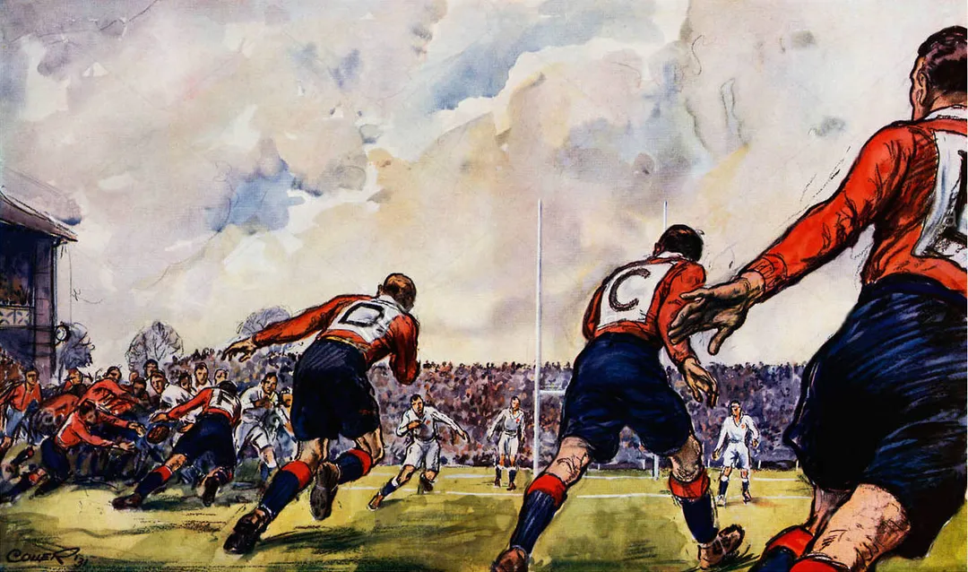 Starting An Attack, unusual painting of the England v Wales rugby match at Twickenham in 1931.